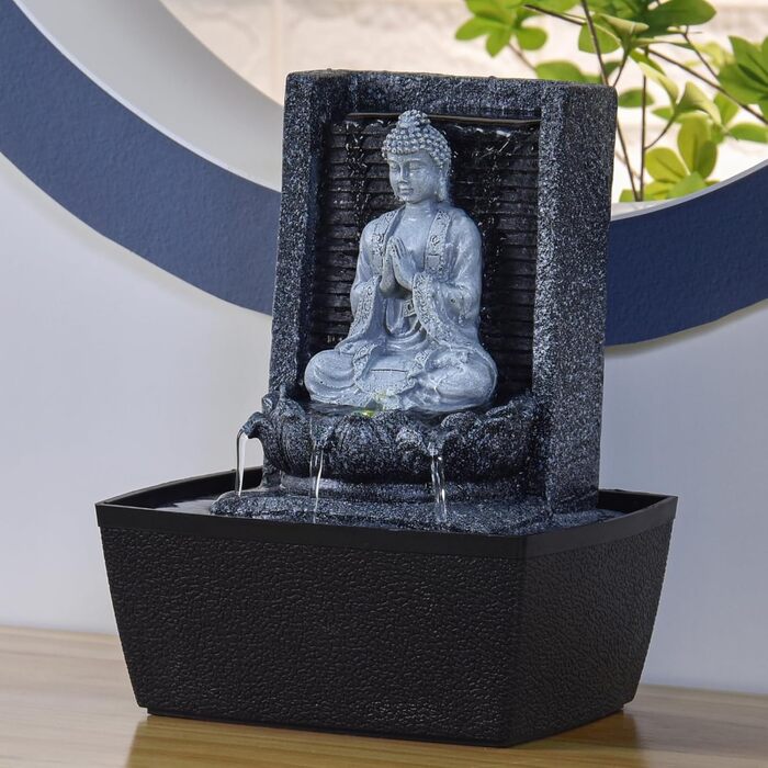 Фонтан для медитації Zen'Light Nirvana з Буддою та LED-підсвіткою. Сучасний декор для дому, Фен-Шуй, сірий, H 26 см