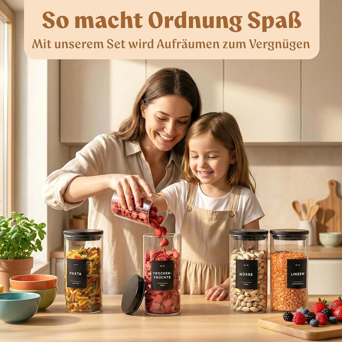 Набір скляних банок для зберігання продуктів EDELHAUS з кришками, чорні (5 шт), 4x1200 мл, з 54 етикетками — органайзер для кухні (борошно, цукор, паста, кава, чай)