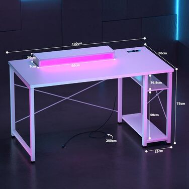 Ігровий стіл з LED-підсвічуванням та розетками, стіл для комп'ютера з USB, стіл для ПК з підставкою для монітора, сучасний офісний/робочий стіл для ігрової кімнати (білий)