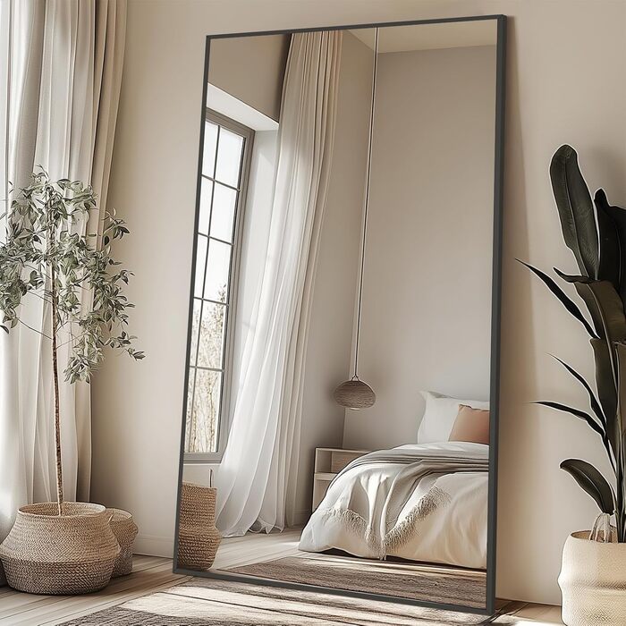 Дзеркало підлогове BEAUTYPEAK велике 76x180 см, настінне або з підставкою, чорне. Дзеркало в спальню, вітальню, гардеробну.