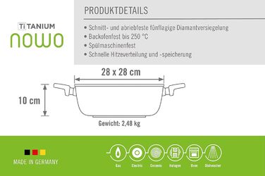 Каструля квадратна Woll Nowo Titanium 28x28 см з кришкою, 6 л, алюмінієва, для газових, електричних, склокерамічних, галогенових плит, не для індукції, з двома ручками, жаростійка