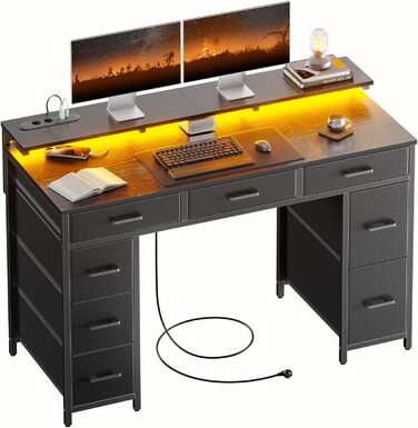 Комп'ютерний стіл з 8 висувними ящиками, 2 розетками, 2 USB-портами, LED-підсвічуванням та підставкою для монітора, 120 x 50 x 74 см (Чорний)