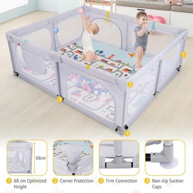 Дитячий манеж COSTWAY Laufstall з матрацом 189 x 158 см, з 50 м'ячиками та 4 ручками. Манеж-ігровий центр з дихаючим мережем для малюків (Світло-сірий)
