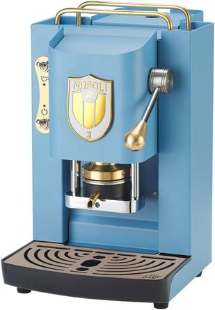 Кавова машина FABER Pro Deluxe Scudetto для ESE-подушок 44 мм, бірюзова з латунною обробкою, прес для кави з латуні, біле лого Napoli Campione