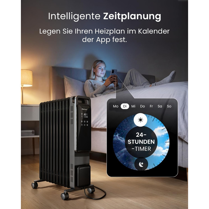 Розумний електричний масляний радіатор Pro Breeze 2500W, 11 секцій, з керуванням через Wi-Fi (Smart App), таймером на 24г, термостатом та сенсорним дисплеєм, чорний