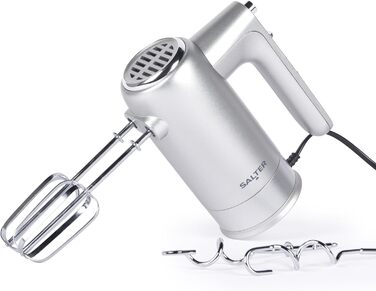 Електричний ручний міксер Salter Aspen EK5613BMMSVDE, 300 Вт, 5 швидкостей, турборежим, насадки для тіста і крему, підставка для зберігання, сріблястий