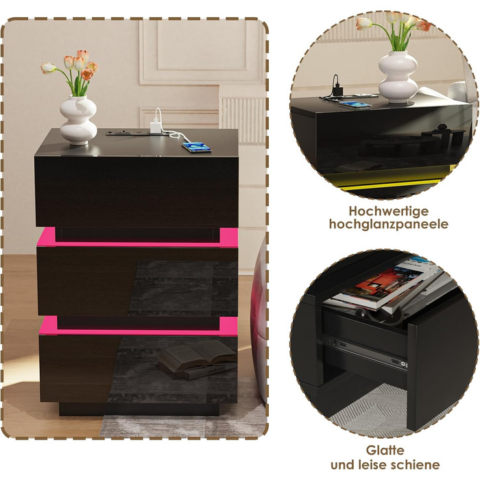 Тумба приліжкова Lvhecforhm з LED підсвіткою, USB та розетками, 16 кольорів, чорний глянець, з відкритими полицями