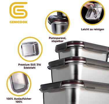 GENICOOK Контейнери для зберігання їжі з нержавіючої сталі, набір 3 шт, герметичні ланч-бокси для кухні та перекусів