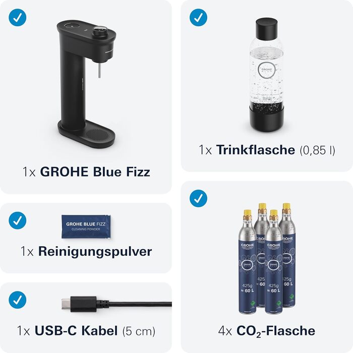 Сифон для газування води GROHE Blue Fizz Starter Set, чорний (3 рівні газування, пляшка 0.85л, CO2-дисплей), 31943K00