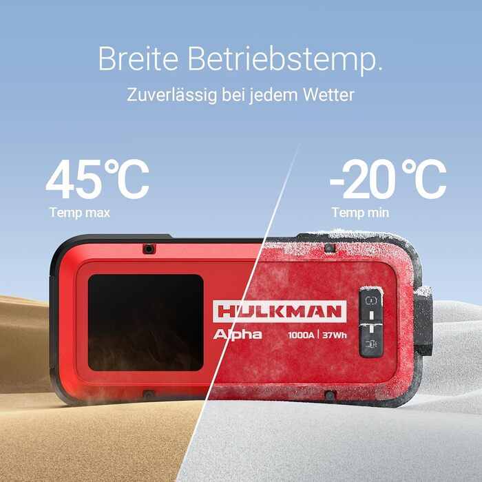 Бустерний пускач HULKMAN Alpha Ultra Red 1000A 37Wh для авто 12В, портативний jump starter для бензинових (до 6.5L) та дизельних (до 3.0L) двигунів, IP65, LED-дисплей