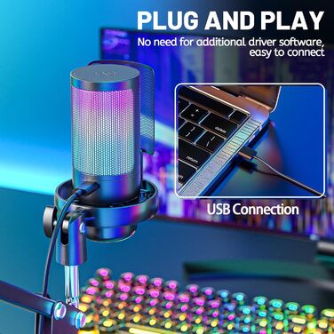 Anykuu USB мікрофон для геймінгу: конденсаторний, Plug&Play, з адаптером USB-C та кабелем 1.5м для PC, PS4/PS5, iOS/Windows/Android