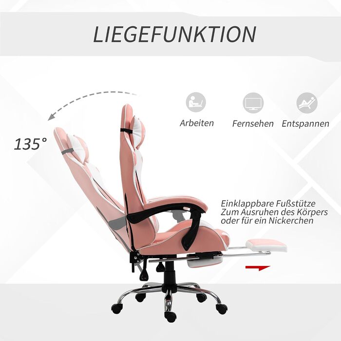 Ігрове крісло Vinsetto Ergonomic Gaming — ергономічний офісний стілець з підголівником, рожевий