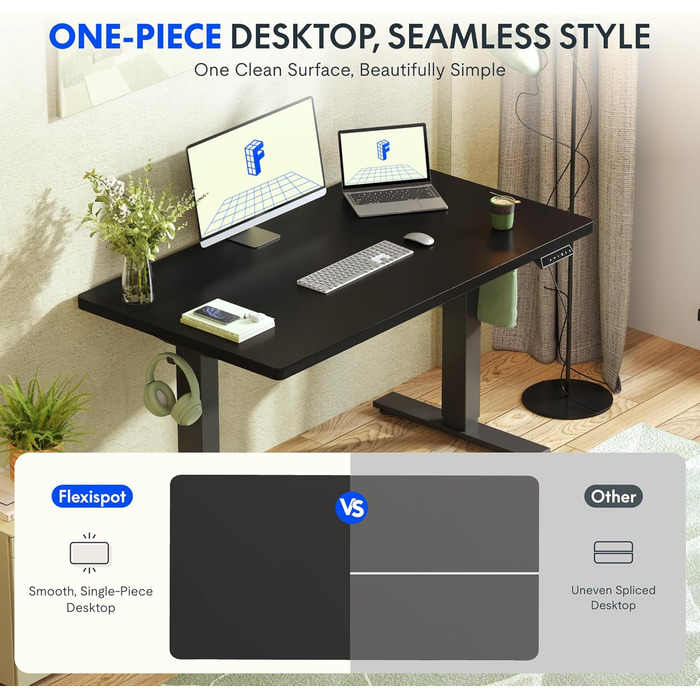 Регульований по висоті офісний стіл FlexiSpot Basic 140x80 см, білий стіл з чорно-сірим каркасом, з кабель-менеджментом та гачком