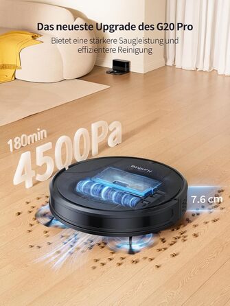 Робот-пилосос HONITURE G20 Pro з функцією миття, 4500Pa, керування через додаток, 180 хв роботи, для тварин, килимів та твердих підлог, чорний