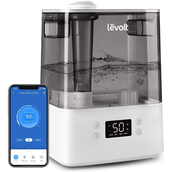 Зволожувач повітря Levoit для спальні, 23dB, верхній залив, для дитини, до 25 годин, 2,5 л, сірий, з поворотним соплом 360°