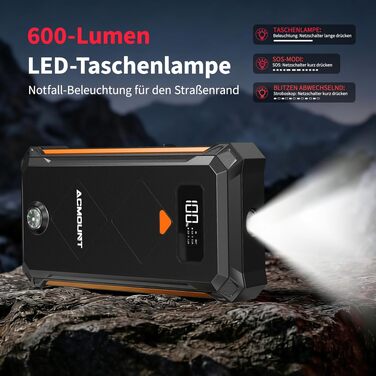 Бустерний пускач Acmount P110 7000A Powerbank для авто (12л бензин/10л дизель) з LED-ліхтарем, компасом та молотком для PKW, SUV, мотоциклів, газонокосарок, помаранчевий