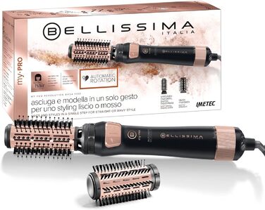 Фен-щітка Bellissima My Pro Revolution BHS4 1100, автоматична обертова, іонізація, кераміка, 1000 Вт, 2 насадки 40/50 мм, чорна/рожеве золото