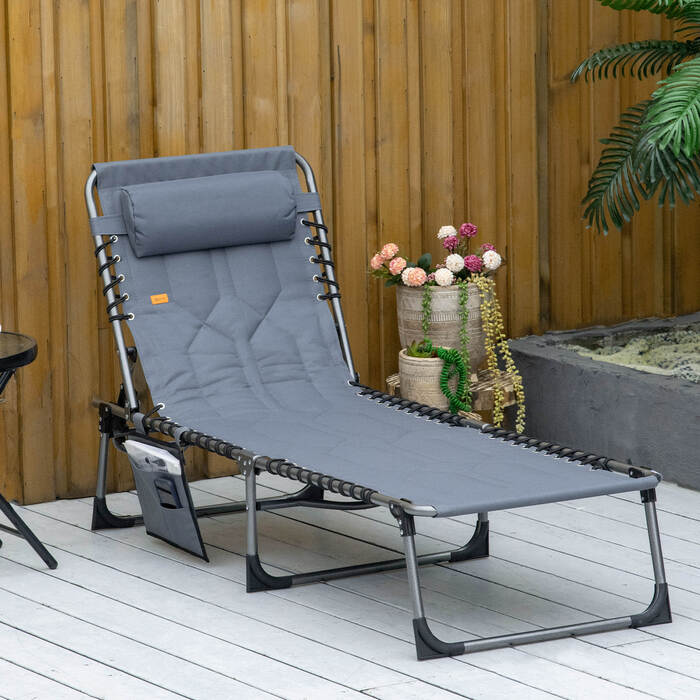 Outsunny Sun Lounger, складний садовий шезлонг з подушкою, бічна сумка, шезлонг з регульованою спинкою в 5 напрямках, стійкий до погодних умов шезлонг для кемпінгу з вантажопідйомністю до 130 кг, для садового пляжного басейну, сірий
