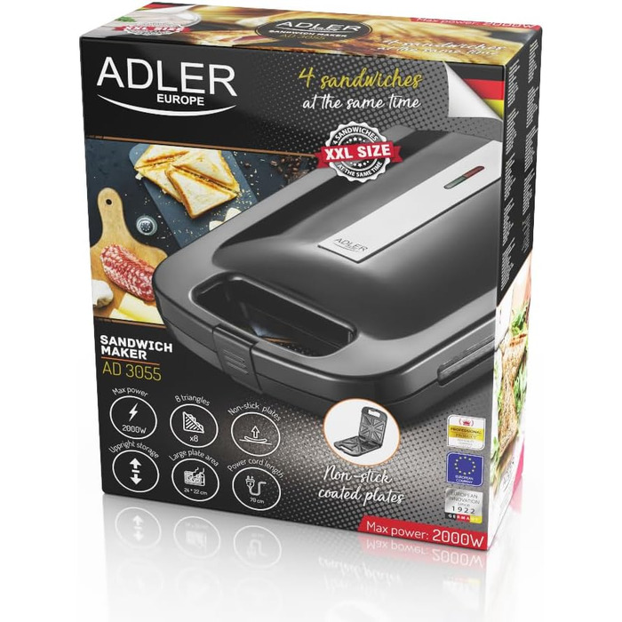 Сендвічниця Adler AD 3055 XXL, 2000 Вт, тостер для 4 сендвічів, з вогнетривкою ручкою та гумовими ніжками, чорна