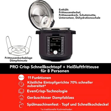 Електромультиварка Instant Pot Pro Crisp 11-в-1, 7.6 л, 1500 Вт, скороварка, аерофритюрниця, повільноварка, пароварка, гриль, дегідратор, sous-vide, чорна нержавіюча сталь
