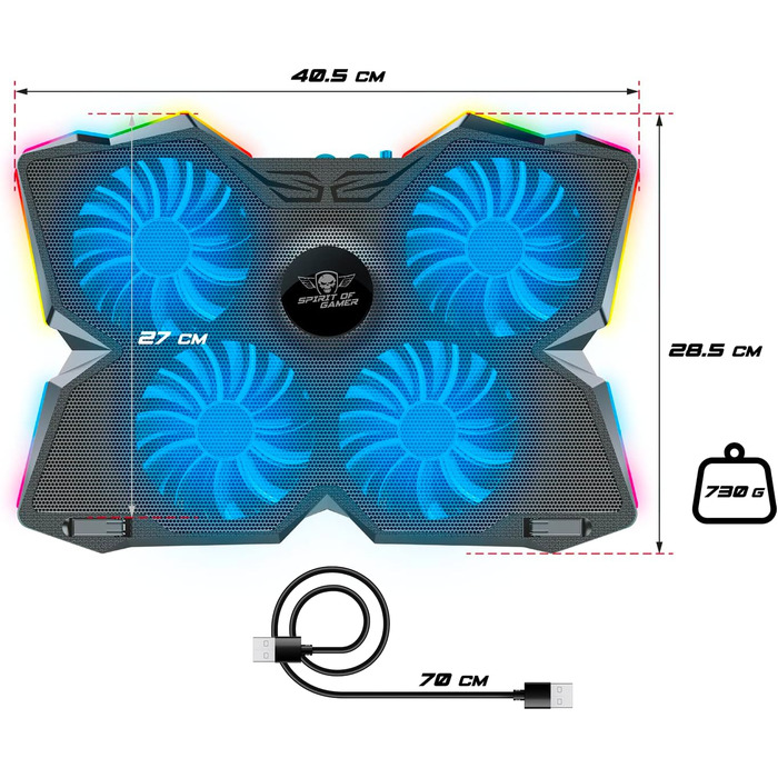 Охолоджувач для ноутбука Spirit of Gamer AIRBLADE 500 (10-17 дюймів), 4 тихі вентилятори, RGB підсвітка, сумісність з PC, PS5, PS4, Xbox