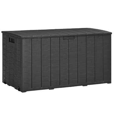 Ящик для подушок Gartenbox об'ємом 366 літрів з міцного двостінного пластику. Водостійкий, з колесами та зручними ручками для переміщення. Має реалістичне імітування текстури дерева.