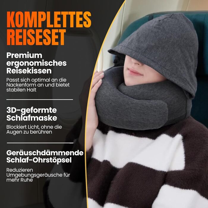 Подорожня подушка з капюшоном Hooded Pro з ефектом пам'яті для літака, авто та поїздок, бавовняна начіпка для сну, захист від світла, темно-сіра