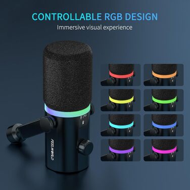 FEELWORLD PM1 Динамічний мікрофон XLR/USB з RGB-підсвічуванням для подкастів, геймінгу та YouTube. Комплект з підставкою та кабелем