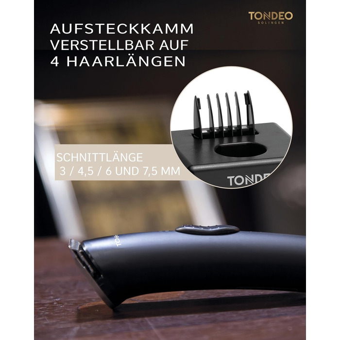 Професійна машинка для стрижки волосся TONDEO ECO S PLUS BLACK з акумулятором, зарядною станцією та насадками для 4 довжин стрижки