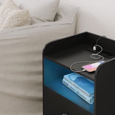 Приліжкові тумбочки WOLTU з LED-підсвіткою, USB та розетками, комплект 2 шт., з шухлядами і відкритою полицею, для спальні, чорні