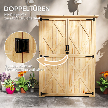 Outsunny Garden Шафа з дерева, Садовий сарай з подвійними дверима з асфальтовим дахом, що замикається, 116,5x57x167см, Атмосферостійка садова шафа, Садовий сарай Садовий сарай для саду, тераси, натуральне дерево