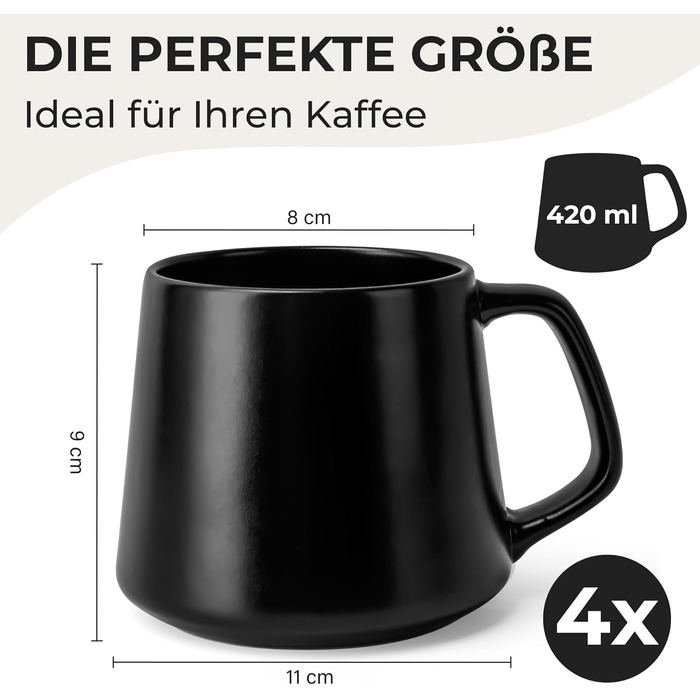 Набір керамічних чашок для кави та чаю MIAMIO Luxe Collection, 4 шт по 420 мл, чорні (підходять для мікрохвильової печі та посудомийної машини)