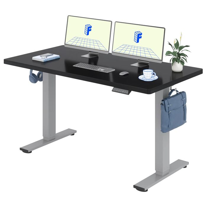 Регульований по висоті офісний стіл FlexiSpot Basic 140x80 см, білий стіл з чорно-сірим каркасом, з кабель-менеджментом та гачком