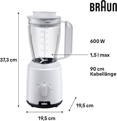 Блендер стаціонарний Braun PowerBlend 1 JB1050WH 600 Вт, 1.5 л, білий - для смузі, подрібнення льоду та приготування пюре