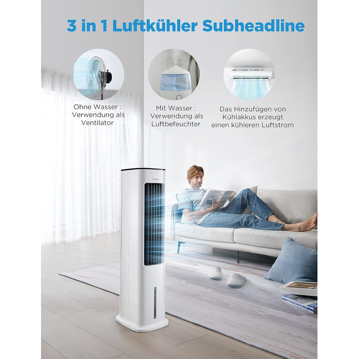 Мобільний кондиціонер Midea з водяним охолодженням, іонізацією та зволоженням, з резервуаром для води 5 л, 355 м³/год, без повітроводу, пульт, 55 Вт, білий