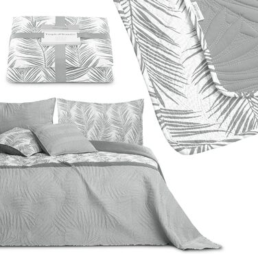 Покривало AmeliaHome Tropical Bonaire 260x280 см, двостороннє, стьобане, легкий догляд, рослинний візерунок, сірий/білий