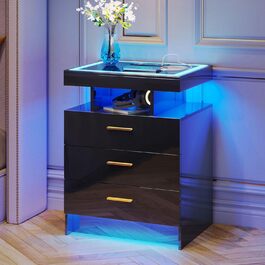 Lvifur LED тумба з підсвіткою, зарядкою та сенсором, 3 ящики, USB Type-C, біла, глянцева, для спальні