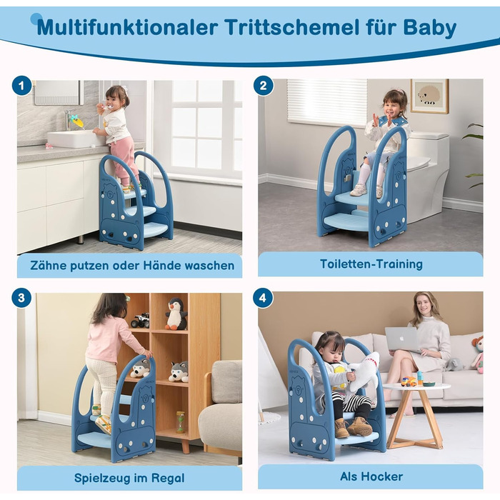 Дитячий триступеневий підсходик Onasti Tritthocker - блакитний, регульована висота, антиковзаюча поверхня, для дітей 1.5-6 років