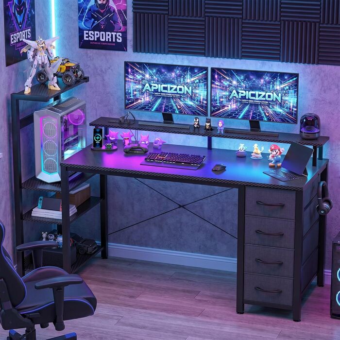 Ігровий стіл APICIZON 150 см з полицею, підставкою для монітора та RGB-підсвіткою, чорний. Комп'ютерний стіл з USB, тримачем для навушників та підставкою для чашки, карбоновий дизайн