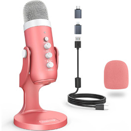 Zealsound USB мікрофон K66 для ігор, запису, стрімінгу, ASMR, подкастів, TikTok, YouTube, Twitch, з шумозаглушенням, моніторингом та кнопкою вимкнення звуку, для iPhone, смартфонів, ПК, PS4/5, рожевий