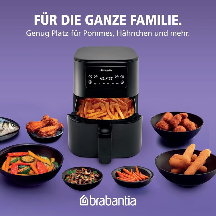 Аерофритюрниця Brabantia Airfryer XL 4-5.7л, 1700 Вт, 8 програм, цифровий сенсорний дисплей, без PFAS, чорна, BBEK1134