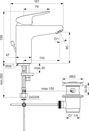 Змішувач для раковини Ideal Standard Ceraflex настінний з термостатом, витяжка 160 мм, регульовані з'єднання, водозберігаюча картридж CLICK, хром (з душовою стійкою, штанга 900 мм, хром)