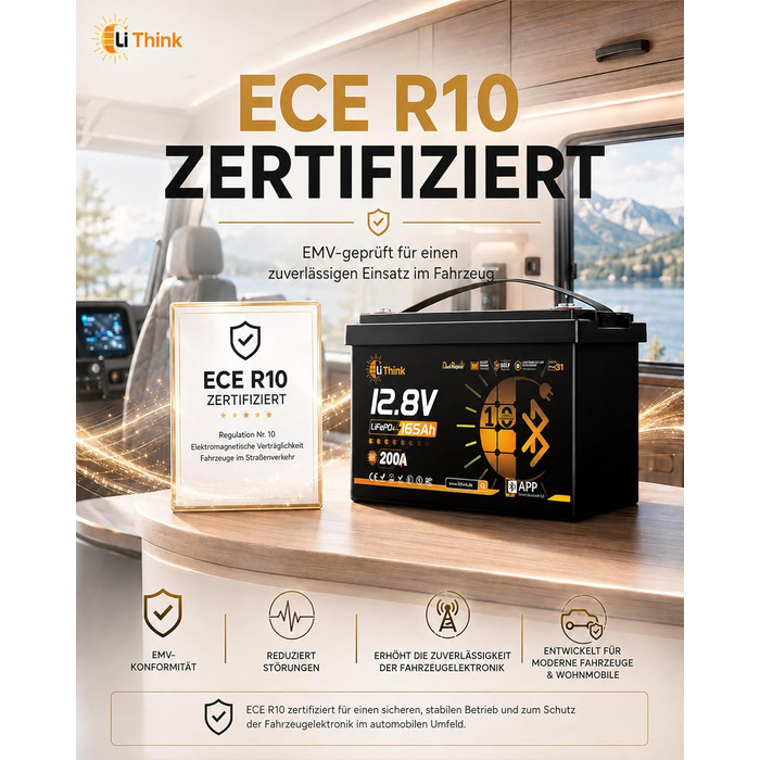 LiFePO4 акумулятор 12V 165Ah для кемпера та автобудинку, Bluetooth 5.4, стандарт ECE R10, літієва батарея H190 Dual Purpose