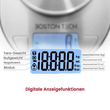 Кухонні ваги електронні Boston Tech Digitale з чашею з нержавіючої сталі 5 кг, LCD-дисплей, функція тарування, книга рецептів