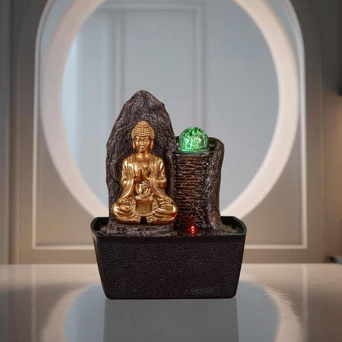 Джерело води Zen'Light від Zimmerbrunnen: Будда, LED-підсвітка, для медитації та релаксації. Декор у стилі фен-шуй, висота 26 см, горіх (Haka)