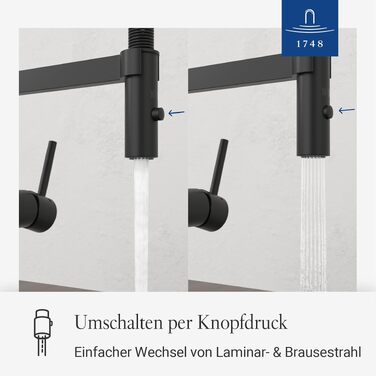 Змішувач кухонний Villeroy & Boch Steel Expert Compact, чорний матовий, з висувним гусаком та перемикачем, висота 147мм
