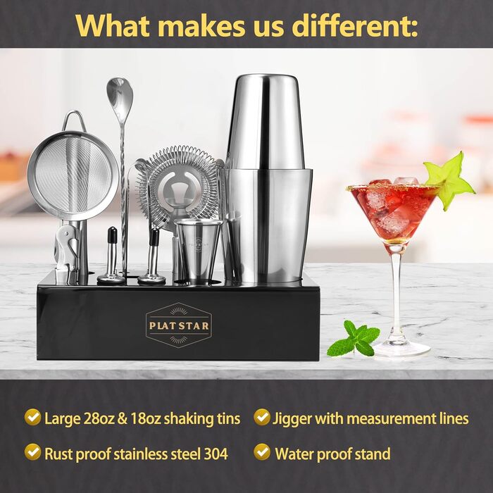 Набір для коктейлів Mixology Barkeeper: Бостон-шейкер з підставкою та аксесуарами з нержавіючої сталі для дому