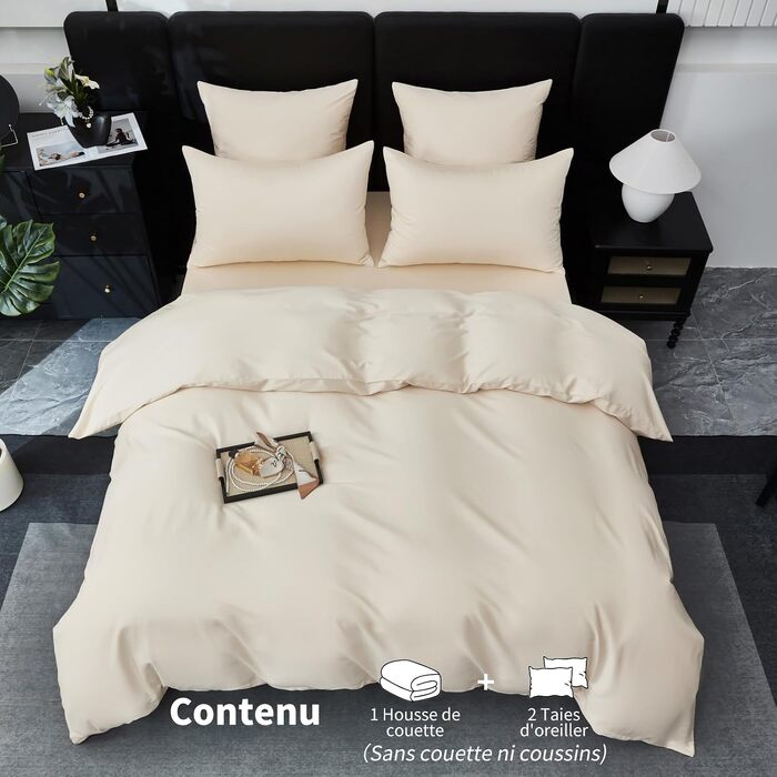 Комплект постільної білизни з бавовняного сатину Deluxe (220x240 см), світло-бежевий — підковдра та 2 наволочки (65x65 см), дихаючий шовковистий матеріал