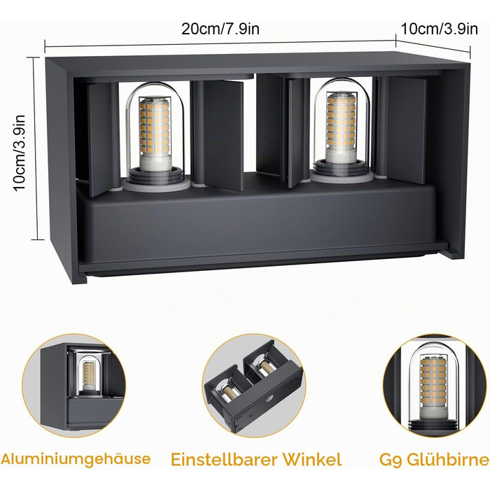 Стіна світильник Klighten вуличний LED 18W з лампою G9 (3000K, тепле біле світло), регульований кут нахилу, IP54, антрацит RAL 7016 для дому та саду