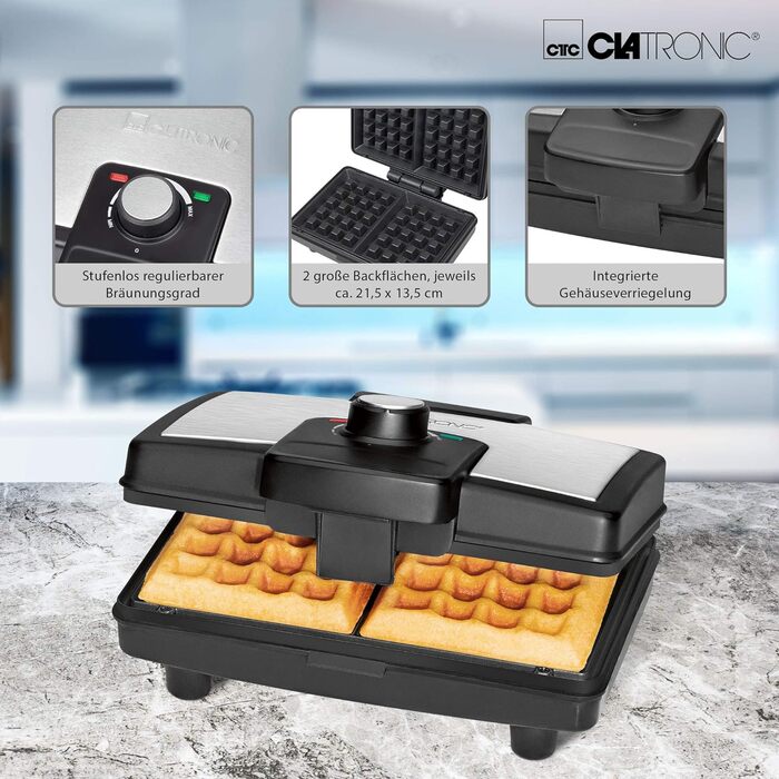 Вафельниця Clatronic WA 3606 з антипригарним покриттям, для бельгійських вафель, 2 великі робочі поверхні, регульований ступінь підсмажування